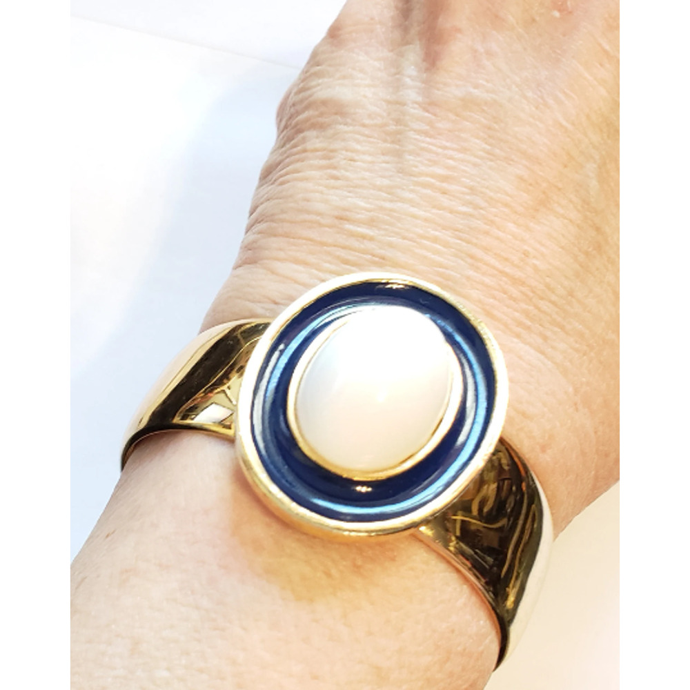 Hinged Statement‎ Bracelet- Blue White Gold- Wide Bangle Vintage Bracelet cfb